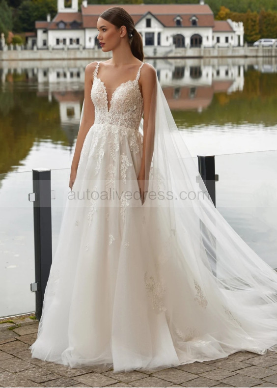 Ivory Lace Tulle Low Open Back Wedding Dress With Watteau Train